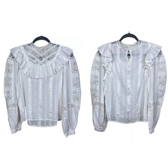 Anthropologie Ivory Lace Ruffled Bib Blouse Puff Sleeve Poetcore Romantic Top XS - Picture 4 of 7